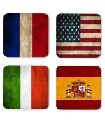 Whats Your Kick Flags Italy France Us Spain Flags Printed Set of 4 Coaster With Metal Stand