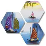 ARTUP Figurative Vietnam Painting Set of 3 Hexagon Wall Decor, Self adheshive Painting, Digital Reprint, 21 Inch X 21 Inch