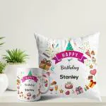 ASHVAH White Round Happy Birthday Stanley Ceramic Coffee Mug and Cushion with Filler Combo Gift (Pack of 2) AS-D3COMBO-Stanley-W