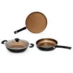 Dé PRISM Premium ORCHID 3 PCS Combo, Kadhai, Fry Pan, Tawa - Non stick cookware Combo Set with Lid - Copper Black