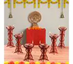 Diya Stand Wooden Traditional Deepam Stand Hand Crafted Diya Set for Pooja Decoration Items Also Candle and Lanterns Diwali Decoration Items for Home Decor Mandir and Temple Decor Red (Pack of 6)