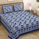 Varde 160 TC Hand Block Printed Double Bedsheet with 2 Pillow Cover | Handloom Cotton Bedsheets for Double Bed | Queen Size | Soft and Smooth | Bed Sheet Size 90X100 Inches, 7.5x8.3 Feet | Blue