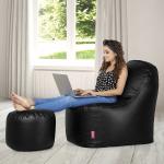 Rest 'n' Sleep Lounger Couch Filled Bean Bag 3XL Luxury Leatherette Lounger Chair with footrest with Beans, with 1 Year Warranty (3XL, Black)