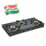 Glen 1038 GT FB DD Black LPG Glass Gas Stove With High Flame Forged 3 Brass Burner
