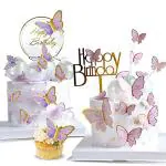 Hasthip Purple, Pink Cute Butterfly Cake Decorations With 1 Happy Birthday (Pack Of 22)