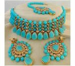 Gyaan Jewels Handmade Gold Plated Alloy Necklace, Earring and Maang Tikka Set Turquoise (Women) Free Size