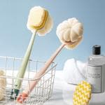 KATHIYAWADI 1 Pack Shower Body Brushes with Bristles and Loofah, Back Scrubbers Bath Mesh Sponge with Curved Long Handle for Exfoliating Skin, Massage Bristles Suitable for Wet or Dry