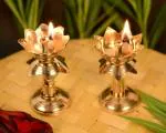 Denique Brass Kamal Diya for Puja Temaple Lotus Shape Pillar Oil Lamp Home Mandir. 2 Pieace