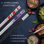 Hichaki 3 Pairs Steel Blue & Red with Plastic White Chopsticks Set- Lightweight, Dishwasher Safe, Reusable