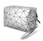 House of Quirk Makeup Bag Cosmetic Geometric Toiletry Bag PU Zipper Pouch-Silver