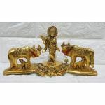 Pranjals House Aluminium Gold Krishna With 2 Cows Showpiece