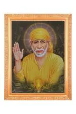 BM TRADERS Sai Baba Ashirwad Sparkle Print Elegant Photo in Golden Art Work Frame Housewarming Gifts (11 x 14 inch)
