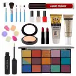 LADYEYE All In One Makeup Kit With Eyeshadow Palette, Liquid Eyeliner, Blender Sponge Puff, 5 Makeup Brush, Lipstick, Nail Polish, Liquid Sindoor, Foundation, Gold Primer & Compact Powder