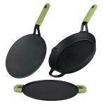 Bergner Green Cast Iron Pre-Seasoned 3 Piece Cookware Set,Tawa 26cm,Dosa Tawa 30cm, Frypan 26cm