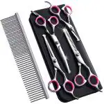 Qpets Dog Grooming Kit 5 Pack, Stainless Steel Dog Trimmer Kit, Pet Grooming Scissors Set With Grooming Comb, Cutting Scissors Thinning Shear Curved Scissors, Grooming Hair For Small Large Dog Cat