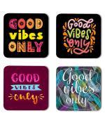 Whats Your Kick Goods Vibes Only Quotes With Beach Design With Black Background Printed Set of 4 Coaster With Metal Stand