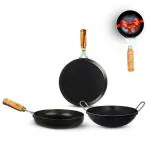 The Indus Valley Non Stick Black Iron Cookware Set Combo (Kadai, Tawa, Fry Pan and Tadka Pan)