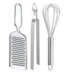 DreamBasket Stainless Steel Cheese Grater & Roti Chimta & Egg Whisk for Kitchen
