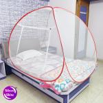 SILVER SHINE Mosquito Net Polyester Foldable Single Bed For Adult White Color and Red Patti