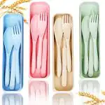 Fennec Mart 4 Set Wheat Straw Cutlery Portable Cutlery Spoon Knife Fork Tableware Set with Case for Kids Adults Travel Picnic Camping Daily Use (4 Color)