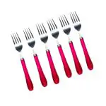 Qawvler Fork Set Shining Plastic Handle for Kitchen Stainless Steel Pink Fork Set (Pack of 6)