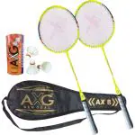 AXG New Goal Unisex Multicolor Aluminum Badminton Kit With Unavoidable 2 Badminton Rackets, 3 Feather Shuttles And Cover