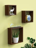 Home Sparkle Brown Louvers Design MDF Cube Wall Mounted Floating Shelves (Set of 3)