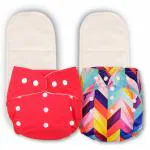 Deedry Oeko-Tex Certified Unisex Baby Cloth Diapers Washable & Reusable Diapers with Adjustable Snap Buttons 3 Months- 3 Years 1 Red & 1 Print Diaper+ 2 Inserts/Pads