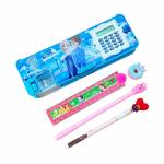 FULLKART Frozen Plastic Pencil Box Case with Calculator, 1 Gel Pen, Stack Pencil, Scale and Eraser Stationery Set Organizer for Kids, Boys, Girls (Assorted Stationery Items Designs)