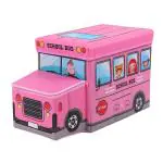 Inditradition Kids School Bus Shape Storage Box with Lid Cum Sitting Stool Cum Playing Toy | Collapsible, Hard Cardboard, Pink