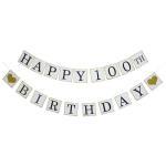 Festiko Happy 100th Birthday Banner, Gold Glitter Heart For 100 Years Birthday Party Decoration Bunting White