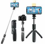 ADHRIT Bluetooth Selfie Sticks with Remote and Selfie Light, 3-in-1 Multifunctional Tripod (Black)