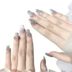 Secret Lives Acrylic Designer Cats Eye Artificial Extension Square Grey Brown Color 3D Butterfly Fake Nails Design 24 pcs Set with Manicure Kit