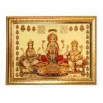 Hawai Ganesh Lakshmi Saraswati Gold Plated Foil Photo With Engineered Wood Religious Photo Frame for Décor and Worship Use SFDI00639_GLD_14x10 inch