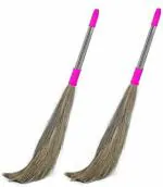 CREAZIONE PRODUCTION Stainless Steel Broom Stick for Floor Cleaning Natural and Pure Soft Grass Jhadu Grass Wet and Dry Broom (Multicolor, 2 Units)