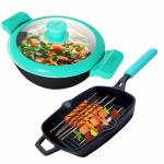 Gemma Black Cast Iron Nonstick Grill Pan and Kadai Combo Set of 2