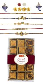 Feastive Celebrations Bikanervala Almond Kaju Pista Baklava With 5 Sacred Rakhis, Pair Of Ganesha Soan, Pooja Rakhi, Kesar And Chawal (Set Of 4)