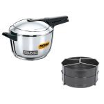 Hawkins Futura Stainless Steel 5.5 Ltr Pressure Cooker with Hard Anodised 2 Pc Separater Cooker Dabba and Stand