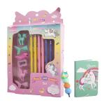 WISHKEY Colorful Unicorn Stationary Set- Personal Diary, Pencil Eraser Set, Highlighter Pen For Kids