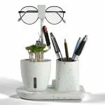 eo - Everyday Organisers Pen Stand For Study Table with Self Watering Plant Pot & Glasses Smartphone Holder Desk Station Table Organizer & Pencil Holder for Offices Home Kids Study Room (Plastic) (Marble White)