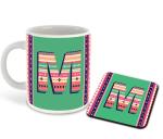 Whats Your Kick Alphabet M Printed White Ceramic Coffee Mug with Coaster Tea Mug 325 ML