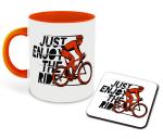 Whats Your Kick Cycling Theme Just Enjoy The Ride Quotes Design Printed Orange Ceramic Coffee and Tea Mug with Coaster 325 ML