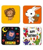 Whats Your Kick Cartoon Animals With Good Night And Happy Birthday Quotes Printed Set of 4 Coaster With Metal Stand