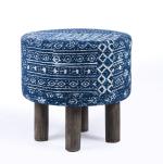 Ikiriya Morgan Solid Wood Ottoman| Pouffee| Pouf Stool in Indigo Patch Print fabric