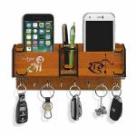 IYA CREATIONS Unique Designer Wooden 2 Pocket Pen Stand 8 Hook Wood Key Holder (28 CM x 12.5 CM x 4 CM, Brown) (shree ram two box)