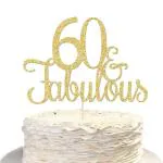 Festiko 60th Birthday Cake Topper, 60 Fabulous, Double Sided Gold Glitter