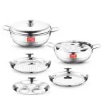 CLASSIC ESSENTIALS Stainless Steel Multi Kadai Set with Lid (4 Plates) 2 Idli/Idly | 1 Dhokla | 1 Steam Plate | (Induction and Gas Stove Friendly) Multipurpose Kadai Set