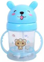 Mom's Pride Blue Plastic Baby Opaque Soft Straw Sipper White Anti Spill Sippy Cup With Adjustable Strap - 300 Ml