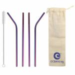 Oceanevo Rainbow Stainless Steel Reusable Straws with Cleaning Brush and Pouch (Pack of 4)