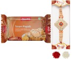 Chheda - Premium Rakhi for Brother with Roli & Chaval - Raksha bandhan Sweets Gift Hamper - Orange Soanpapdi - (C-27)
